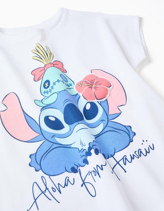 T-shirt de algodão com estampado Stitch e Scrump para menina, branco