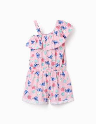 Macacão curto de algodão com motivo Stitch e folhos para menina, rosa