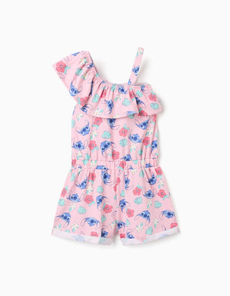 Macacão curto de algodão com motivo Stitch e folhos para menina, rosa