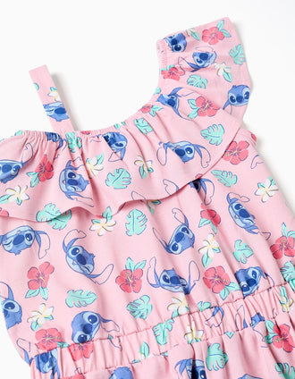 Macacão curto de algodão com motivo Stitch e folhos para menina, rosa