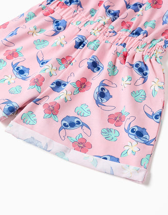 Macacão curto de algodão com motivo Stitch e folhos para menina, rosa