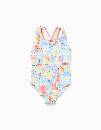Maillot de bain à imprimé et bretelles croisées pour fille, multicolore