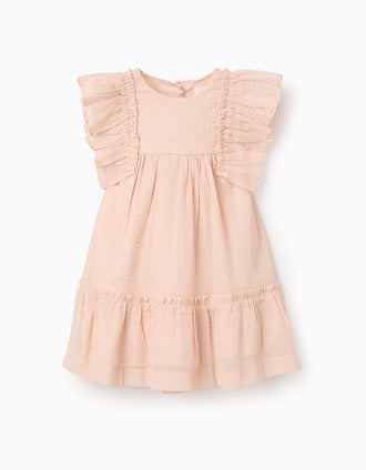 Vestido em crepe com folhos e lurex para bebé menina, rosa-claro