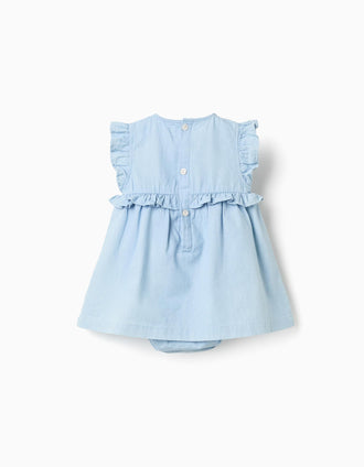 Vestido de ganga de algodão com folhos para recém-nascida, azul-claro