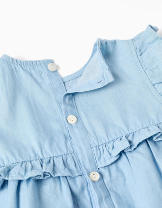 Vestido de ganga de algodão com folhos para recém-nascida, azul-claro