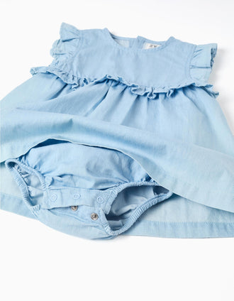 Vestido de ganga de algodão com folhos para recém-nascida, azul-claro
