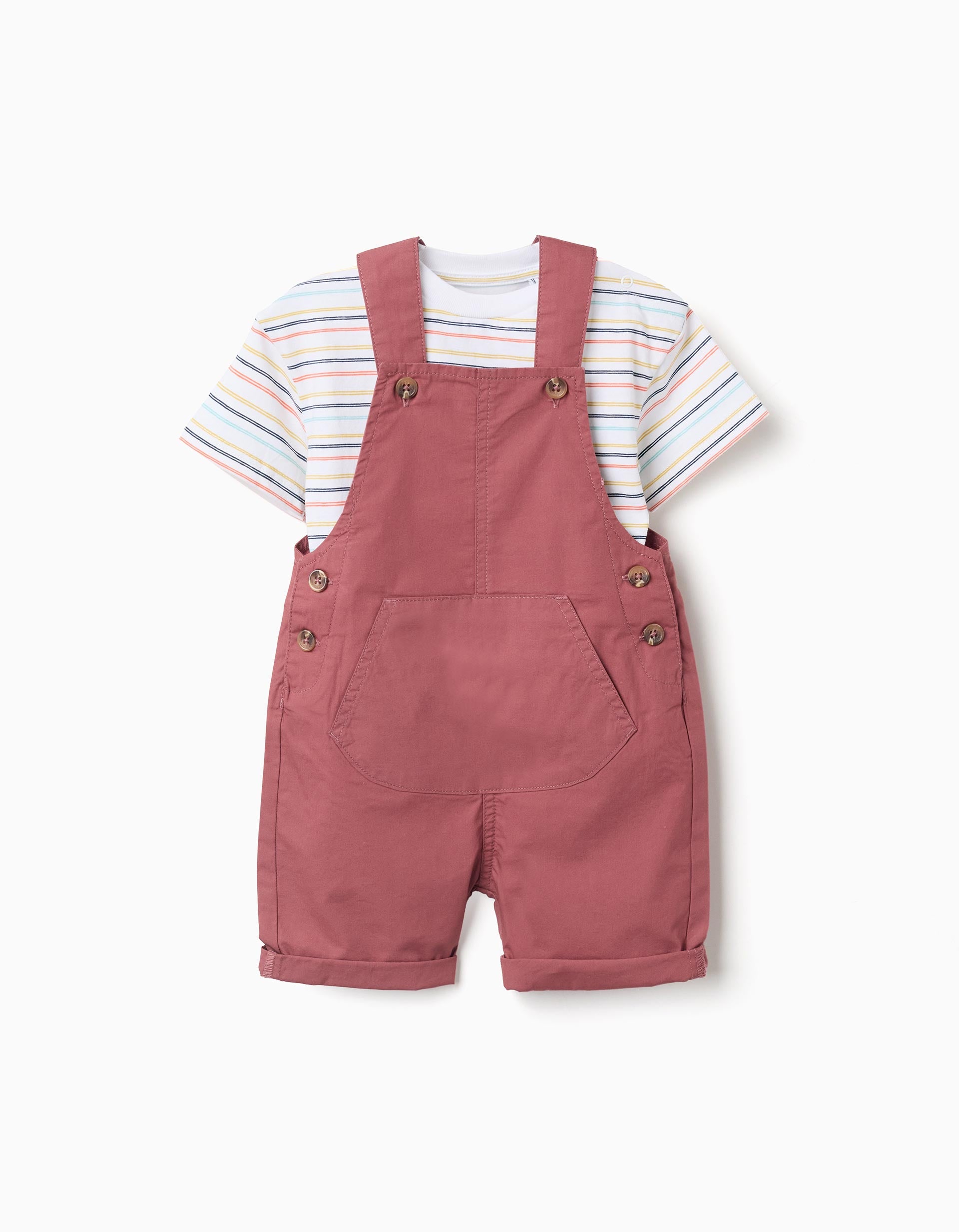 T-shirt e jardineiras de algodão para bebé menino, branco/vermelho-escuro