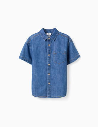 Camisa de manga curta de ganga com bolso no peito para menino, azul