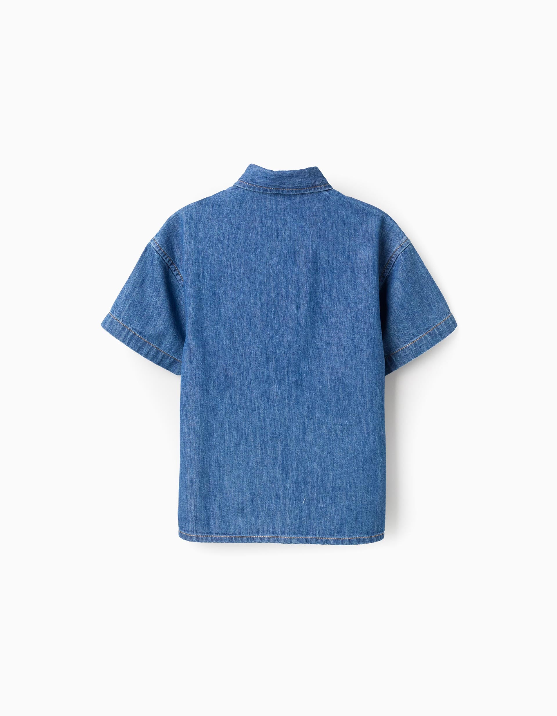 Camisa de manga curta de ganga com bolso no peito para menino, azul