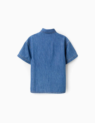 Camisa de manga curta de ganga com bolso no peito para menino, azul
