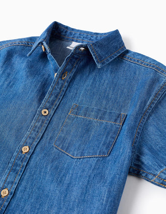 Camisa de manga curta de ganga com bolso no peito para menino, azul