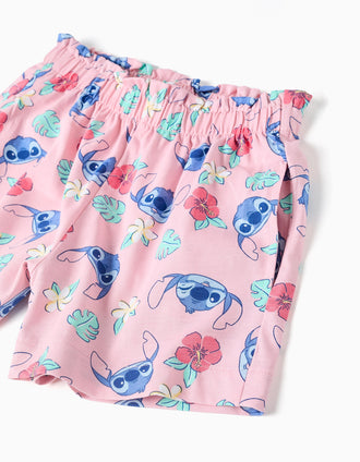 Cotton T-shirt and shorts set with Stitch print for girls, white/pink