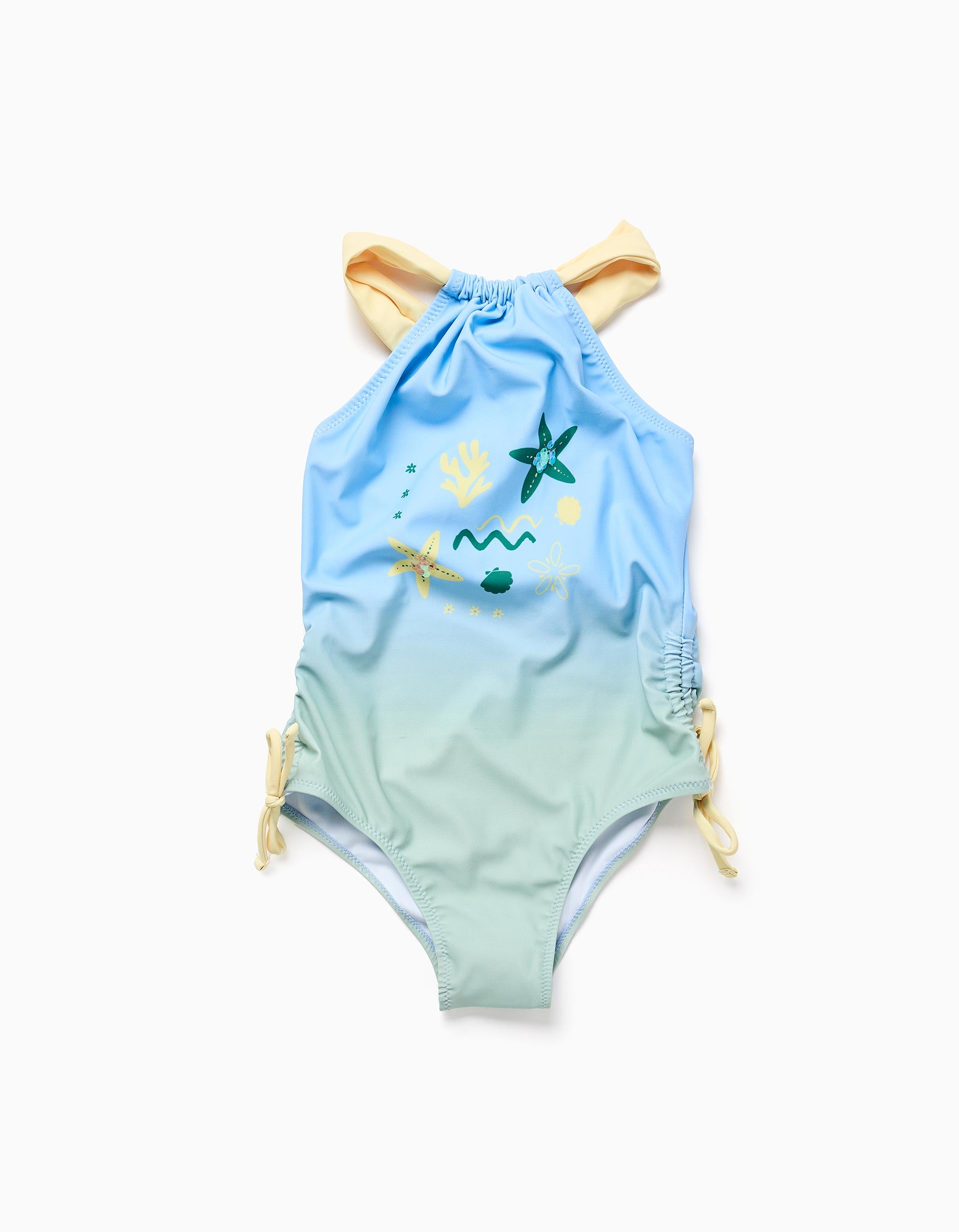 Maillot de bain à imprimé marin et paillettes pour fille, bleu/vert/jaune