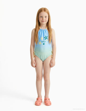 Maillot de bain à imprimé marin et paillettes pour fille, bleu/vert/jaune