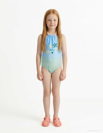 Swimsuit with marine print and sequins for girls, blue/green/yellow