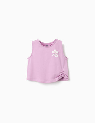 Sleeveless cropped cotton top with print for girls, lilac