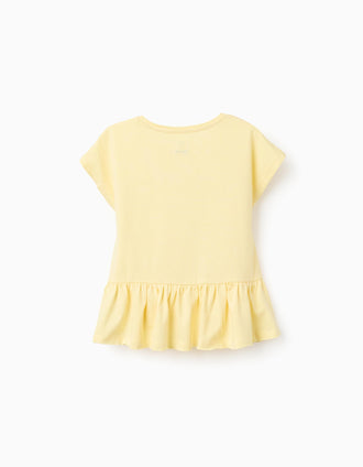T-shirt de algodão com base com folhos para menina, amarelo