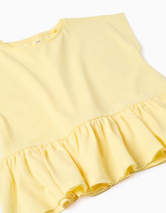T-shirt de algodão com base com folhos para menina, amarelo