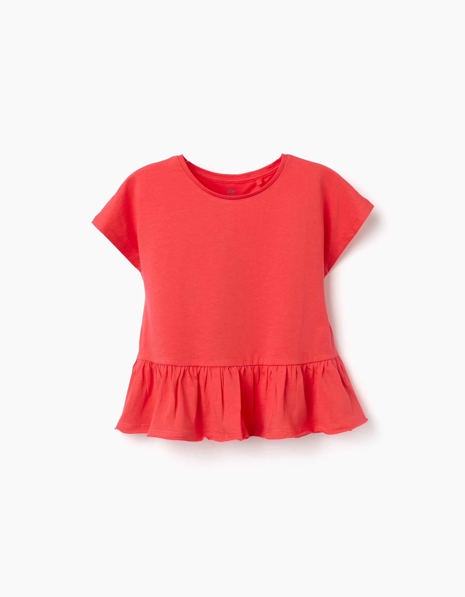 T-shirt em algodão com base com folhos para menina, coral