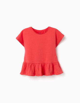 T-shirt em algodão com base com folhos para menina, coral