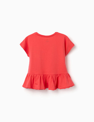 T-shirt em algodão com base com folhos para menina, coral