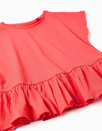 T-shirt em algodão com base com folhos para menina, coral