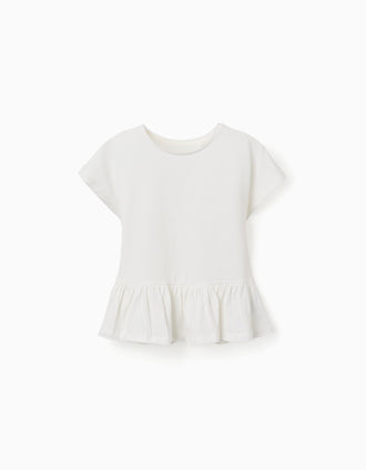 T-shirt em algodão com base com folhos para menina, branco