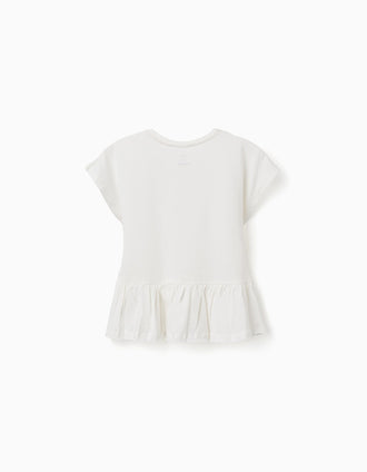 T-shirt em algodão com base com folhos para menina, branco
