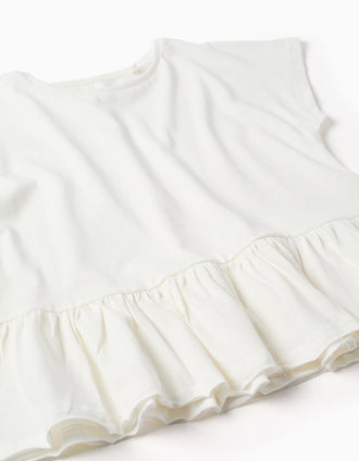 T-shirt em algodão com base com folhos para menina, branco