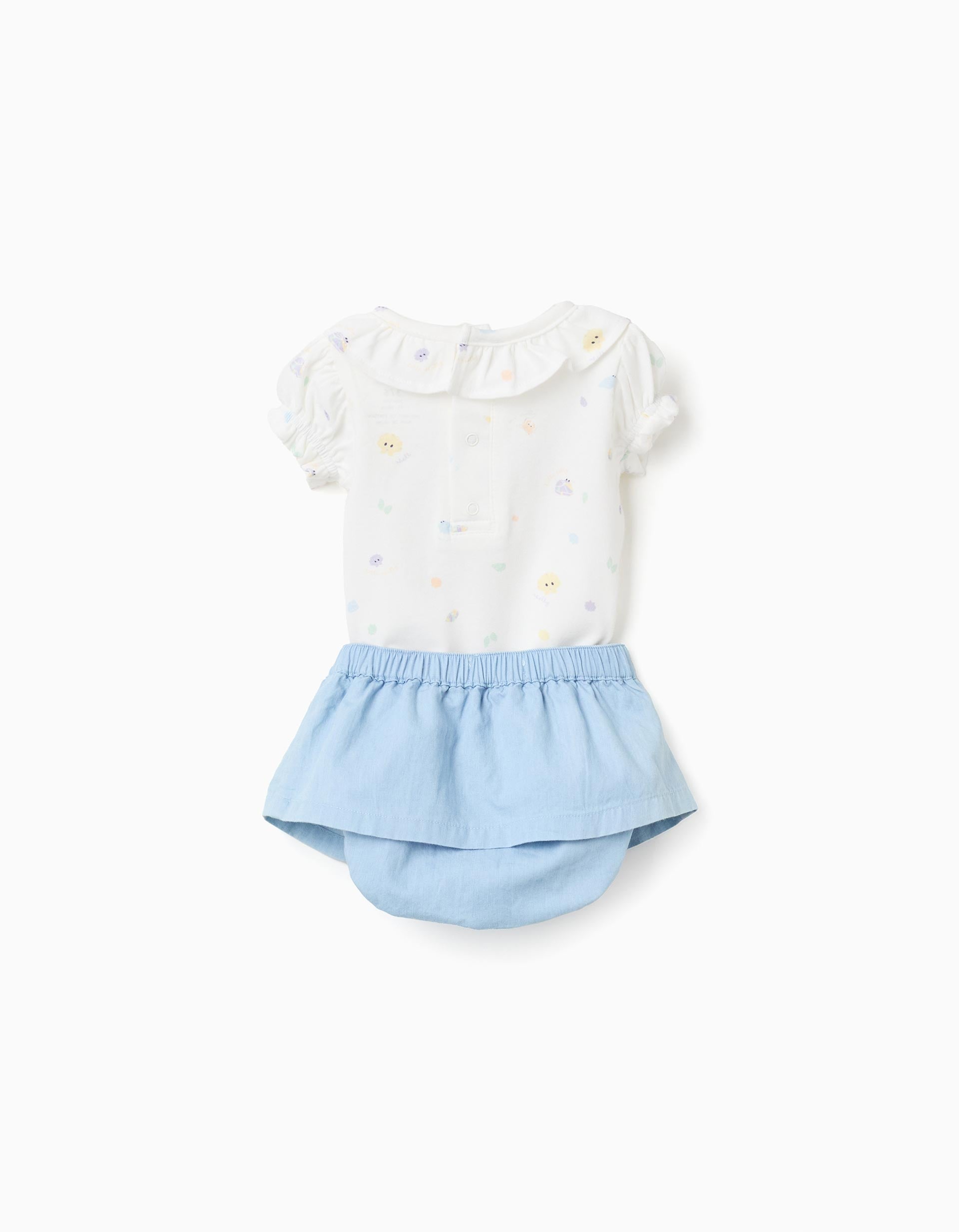 Body con motivo + falda vaquera para recién nacida, blanco/azul claro