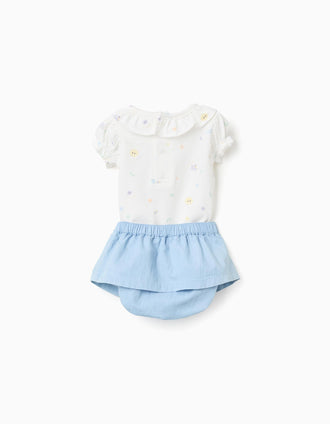 Body com motivo + saia de ganga para recém-nascida, branco/azul-claro