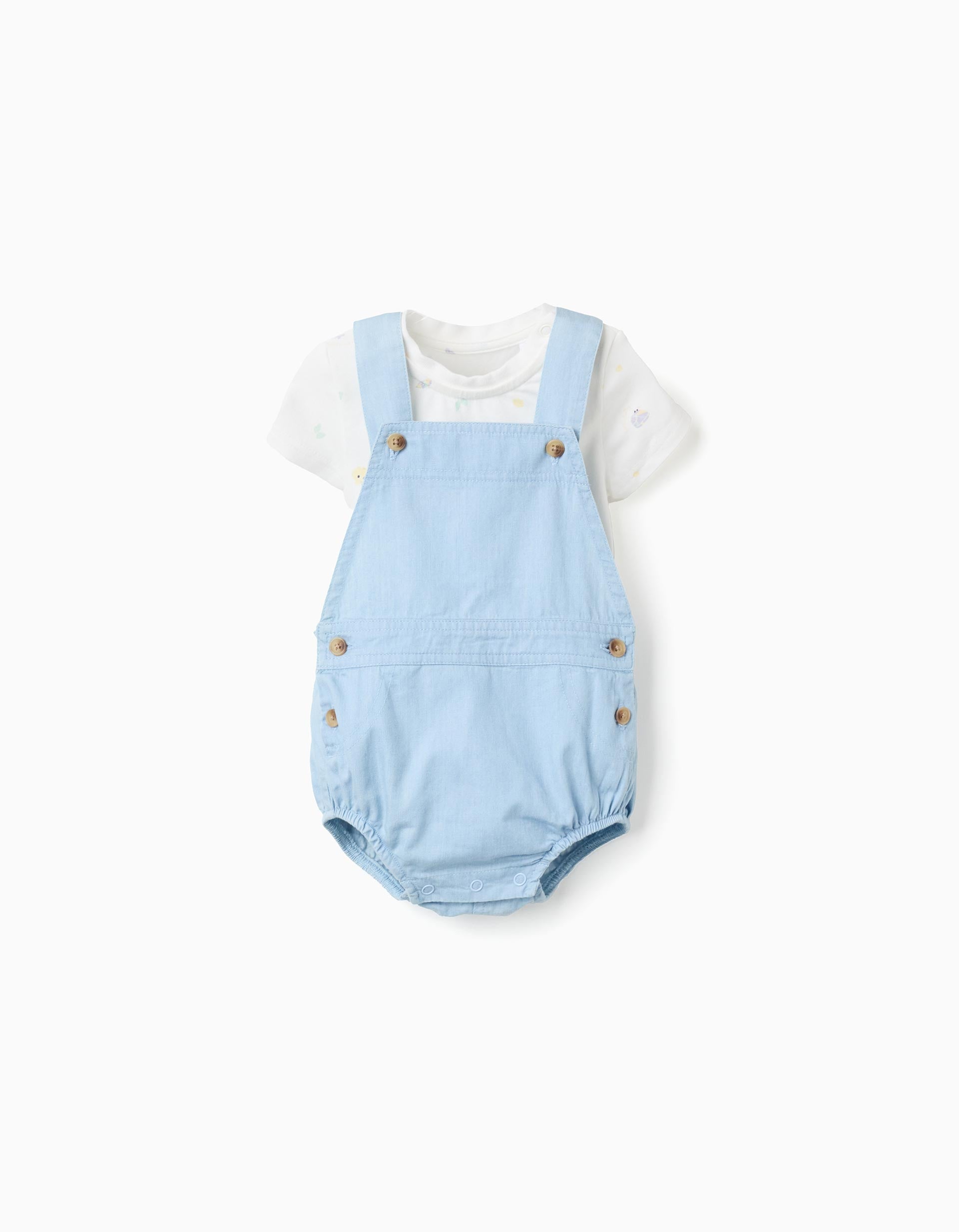 Bodysuit with motif + denim jumpsuit for newborn boys, white/light blue