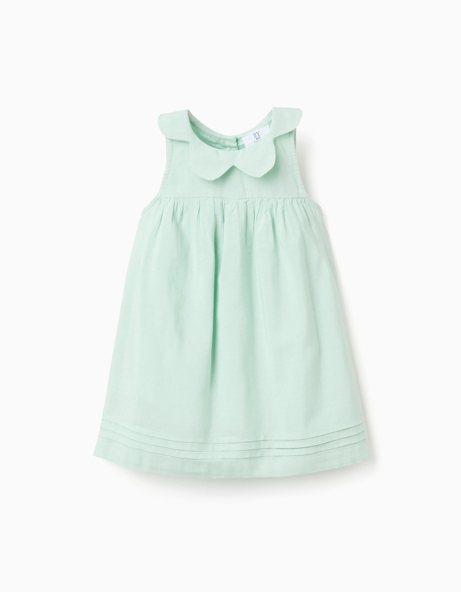 Vestido sin mangas en algodón y lino para bebé niña, verde claro