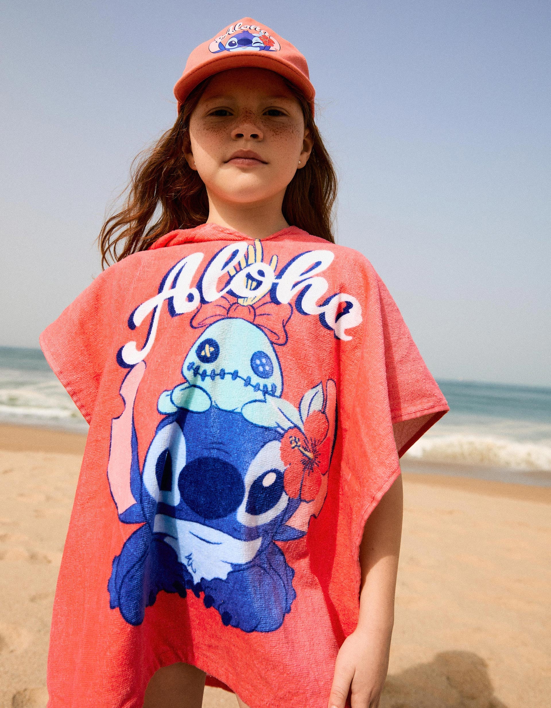 Poncho de playa con capucha y estampado de Stitch para niña, rosa