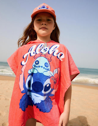 Poncho de plage en coton à capuche et imprimé Stitch pour fille, rose