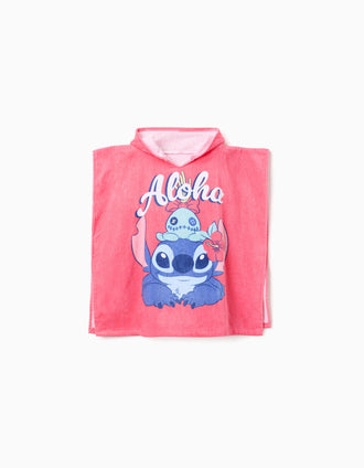 Poncho de plage en coton à capuche et imprimé Stitch pour fille, rose