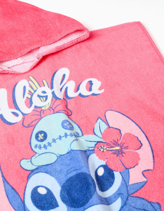 Poncho de plage en coton à capuche et imprimé Stitch pour fille, rose