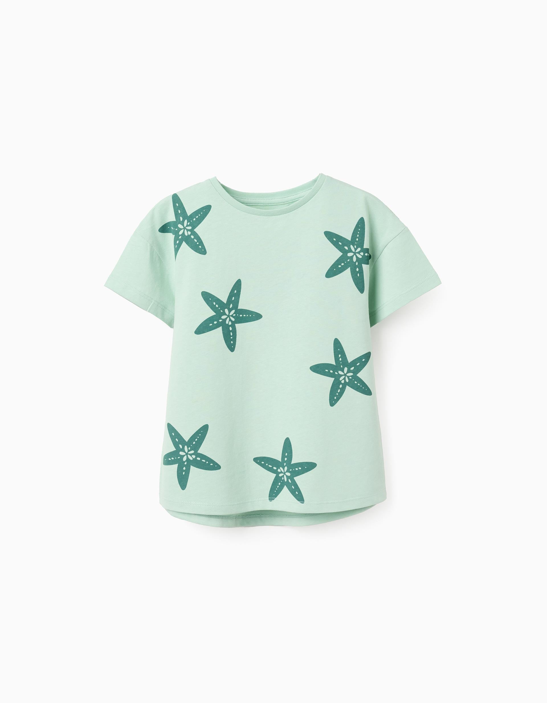 Cotton T-shirt with starfish print for girls, light green