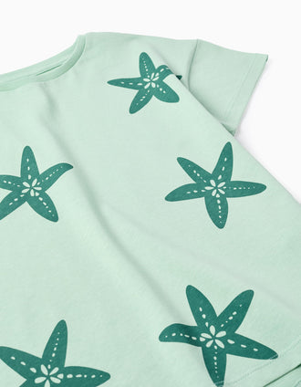 Cotton T-shirt with starfish print for girls, light green