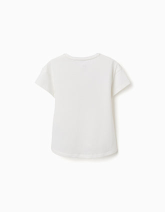 Cotton T-shirt with shell print and dropped shoulders for girls, white