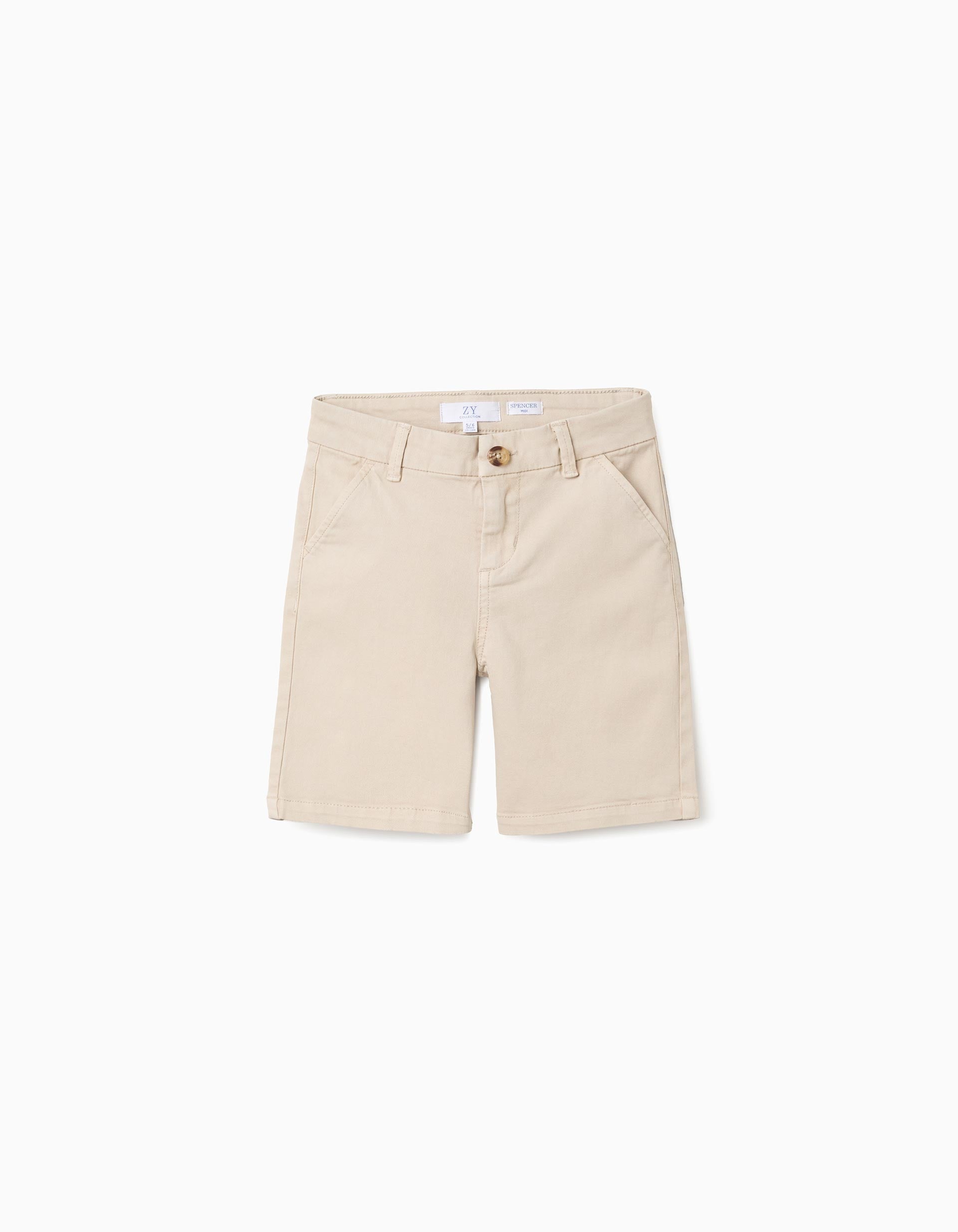 Calções chino midi de sarja com bolsos para menino, bege-claro