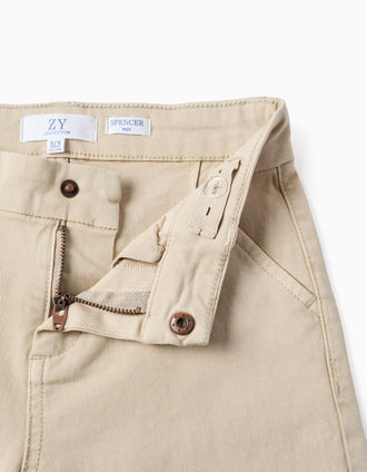 Calções chino midi de sarja com bolsos para menino, bege-claro