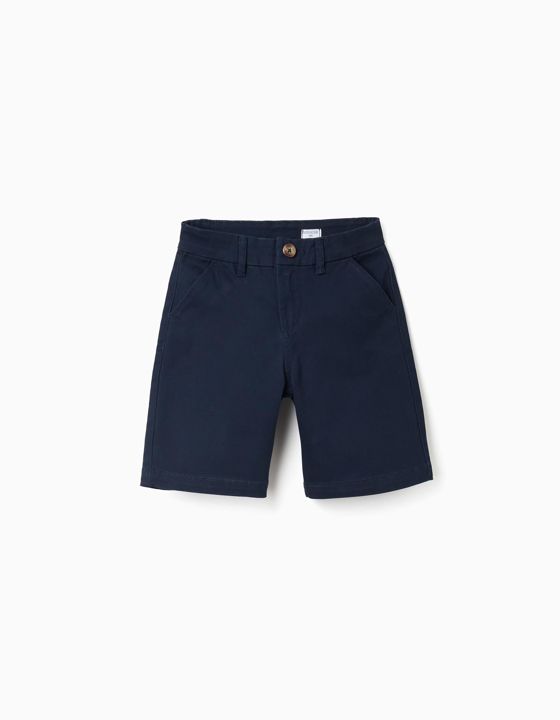 Calções chino midi de sarja com bolsos para menino, azul-escuro