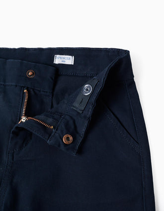 Calções chino midi de sarja com bolsos para menino, azul-escuro