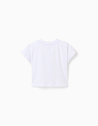 Cropped cotton T-shirt with sequinned flowers for girls, white