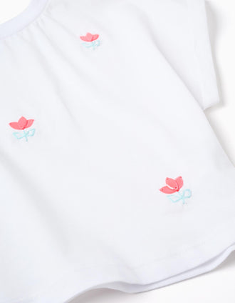 Cropped cotton T-shirt with sequinned flowers for girls, white