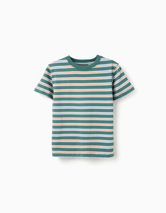 T-shirt en coton à rayures pour garçon, vert/orange/bleu/blanc
