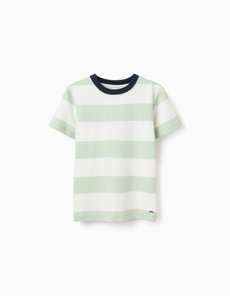 T-shirt en coton à rayures pour garçon, blanc/vert/bleu