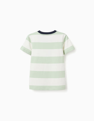 T-shirt en coton à rayures pour garçon, blanc/vert/bleu