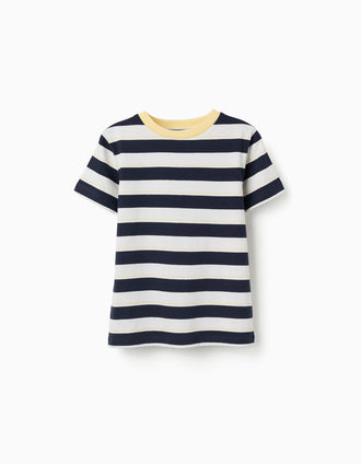 T-shirt en coton à rayures pour garçon, blanc/bleu foncé/jaune